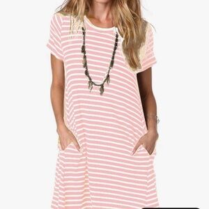 Striped Pink & White Casual T-Shirt Dress with Pockets